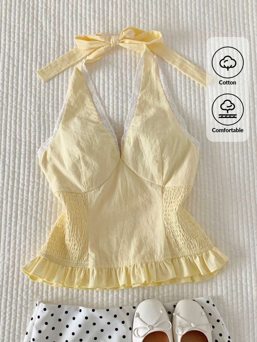 Comfortcana 女士纯棉黄色舒适项链系带撞色蕾丝荷叶边收腰荷叶边下摆上衣，2000 Y2K 优雅欧美风，韩版风格 2026 新款春夏时尚女装，适合海滩度假休闲穿着，浅黄色上衣，奶油黄上衣，黄色娃娃衫上衣，夏季上衣，黄色比基尼吊带上衣，黄色夏季上衣，女士夏季上衣 - 黃色 - 查看 1