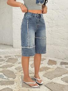 Rivivi Women's High Waist Pocketed Frayed Hem Loose Casual Straight Leg Cropped Jeans - Light Wash - View 3