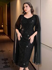 Modelyn 大码女式亮片网纱拼接超长袖派对连衣裙 - 黑色 - 查看 5