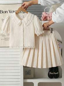 SHEIN 少女白色蕾丝拼接泡泡袖纽扣前领短款休闲衬衫 - 白色 - 查看 9