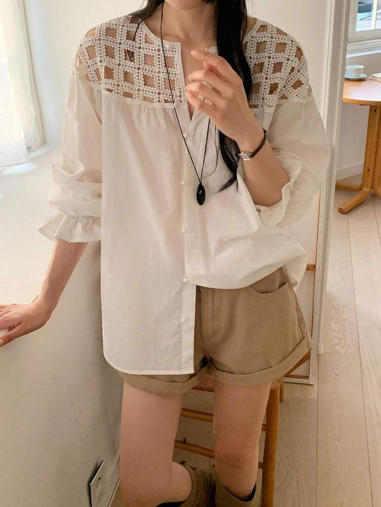 Women's Round Neck Single-Breasted Casual Versatile Daily Wear Shirt