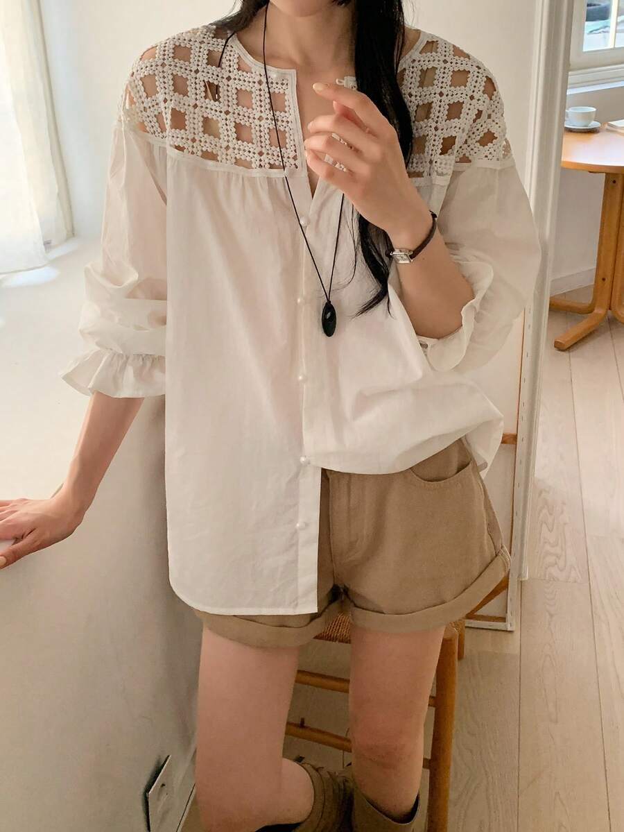 DAZY 女士圆领单排扣休闲百搭日常衬衫 - 白色 - 查看 1