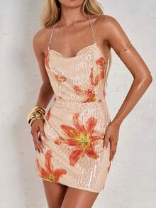 SHEIN Glamour One Shoulder Rhinestone Chain Detail Split Hem Sequin Dress Mini Short Women Outfit Backless Sundress Miami Dress Rose Gold Dress Backless Dress Open Back Dresses Mini Dress Floral Dress - Apricot - View 6