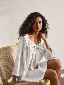 Ocili Đầm dài tay màu trơn dành cho nữ, kiểu thắt nút phía trước, thích hợp mặc ở nhà. - trắng - Xem 6