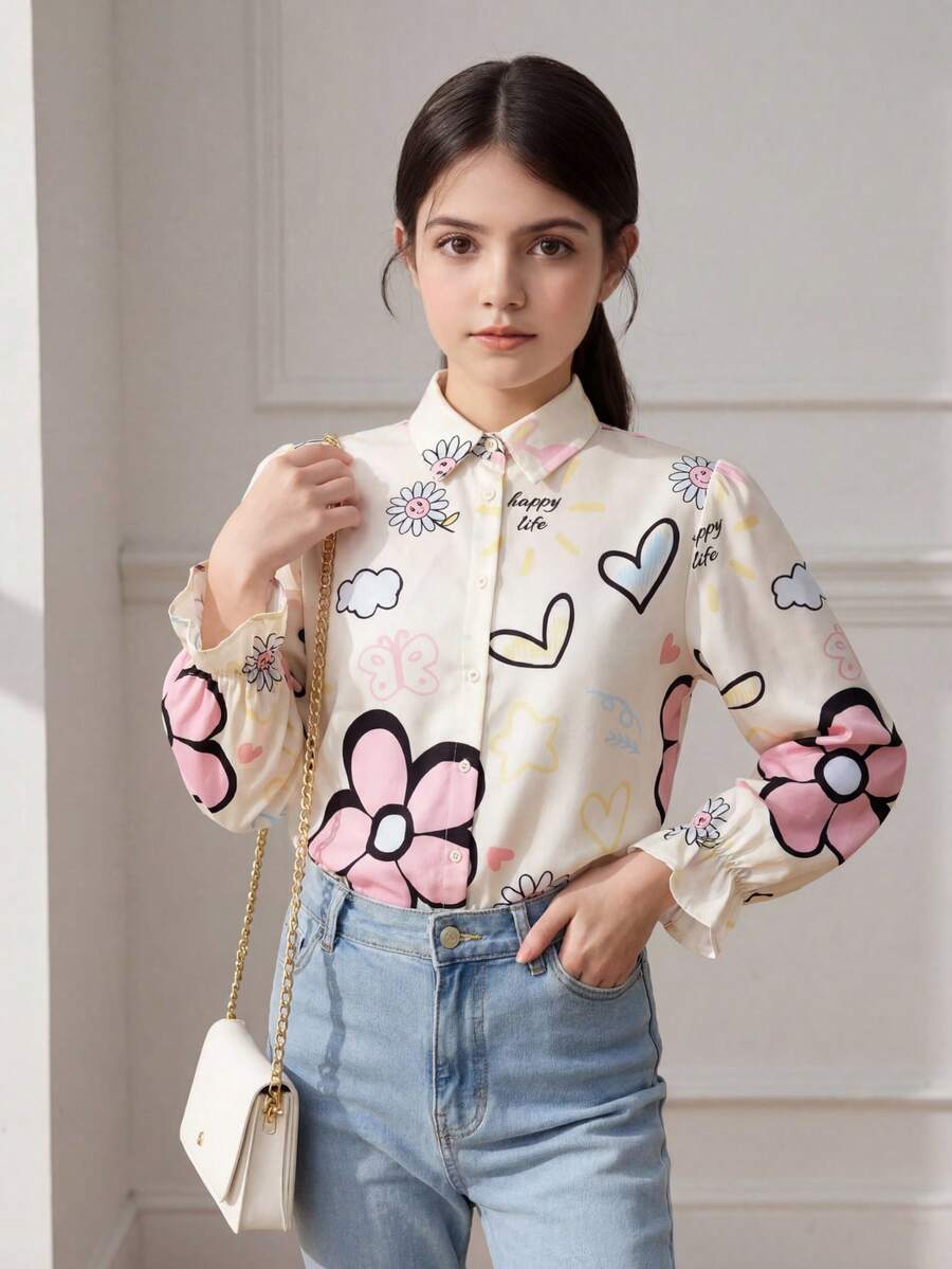 SHEIN Áo thun in hoa cổ bẻ thời trang dễ thương cho bé gái tuổi mới lớn, rộng rãi, giản dị, tối giản, thoải mái - Màu be - Xem 1