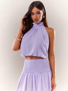 Radiana 2pcs/Set Elegant Purple Chiffon Outfit (Including Anti-Slip Leggings), Ruffle Backless Top And Ruffled Mini Skirt, Sexy Backless Set, Suitable For Daily Outing, Urban, Commute, Tea Party, Night, Date, Gathering, Beach Holiday, Music Festival, Concert - Purple - View 8