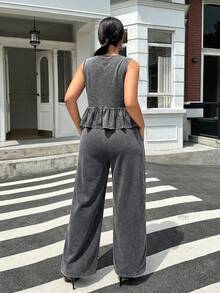 Muchica Plus Size Women Deep V-Neck Ruffle Hem Top And Drawstring Waist Wide Leg Pants Casual 2 Pieces Set - Light Grey - View 2