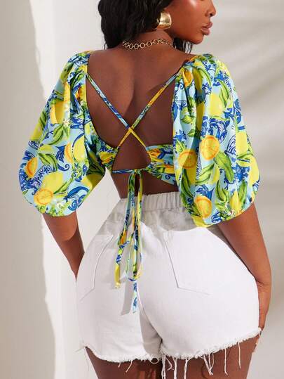 SHEIN SXY Plus Size Women Vacation Lemon Print Sweetheart Collar Short Petal Sleeve Cropped Shirt,Fashionable,Elegance,Sexy,Vacation,Valentine's Day,Wedding Guest,Vintage,Party,Prom,Printemps à été,Going Out,Vintage,Spring To Summer,Elegant Dresses For Women,Holiday Dress, Boho,Casual Dresses For Women,Festival Dress,Street Style Outfits, Summer Tops