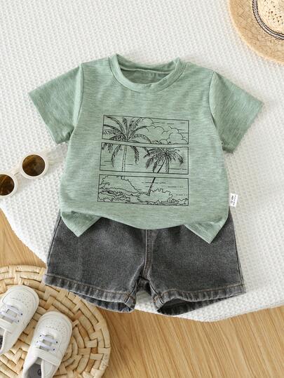 2pcs/Set Baby Boy Summer Casual Beach Vacation Green Pattern T-Shirt And Black Denim Shorts Set