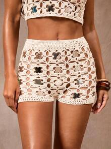 Opulessa Quần short trắng đan móc thủ công đính sequin dành cho nữ, thích hợp cho kỳ nghỉ. - trắng - Xem 3