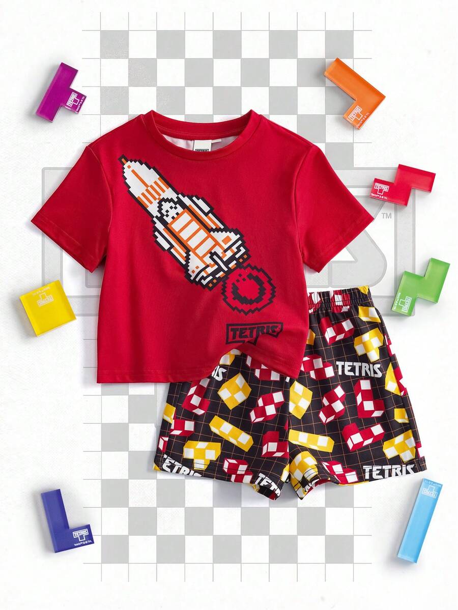 Tetris™ X SHEIN Baby Boy Letter & Cartoon Print Round Neck Short Sleeve T-Shirt And Shorts Casual Daily Outfit - Red - View 1
