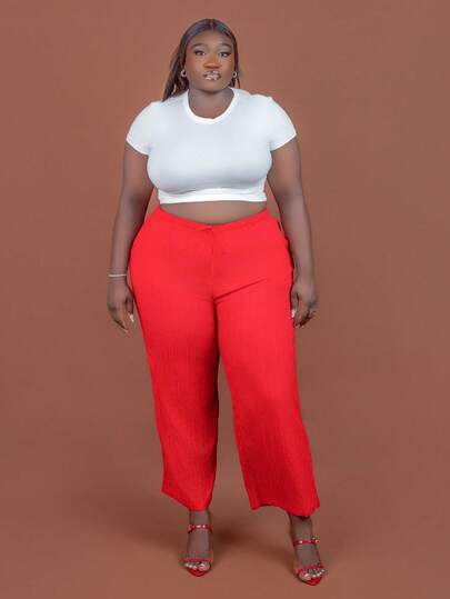 CurvyTilda Women Plus Size Loose Red Woven Long Pants Summer Pants,Business Casual Woman