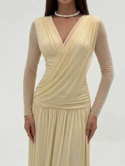 Aloruh Apricot V-Neck Ruched Bodycon Fishtail Dress, Sexy For Party & Formal Occasions
