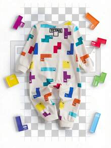 Tetris™ X SHEIN Baby Girl Casual All-Over Print Crew Neck Long Sleeve Romper, Spring/Autumn - Beige - View 2