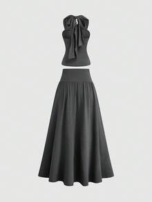 Franclia 2pcs Set: French Gray Strapless Crop Top & Mini Skirt - Dark Grey - View 2