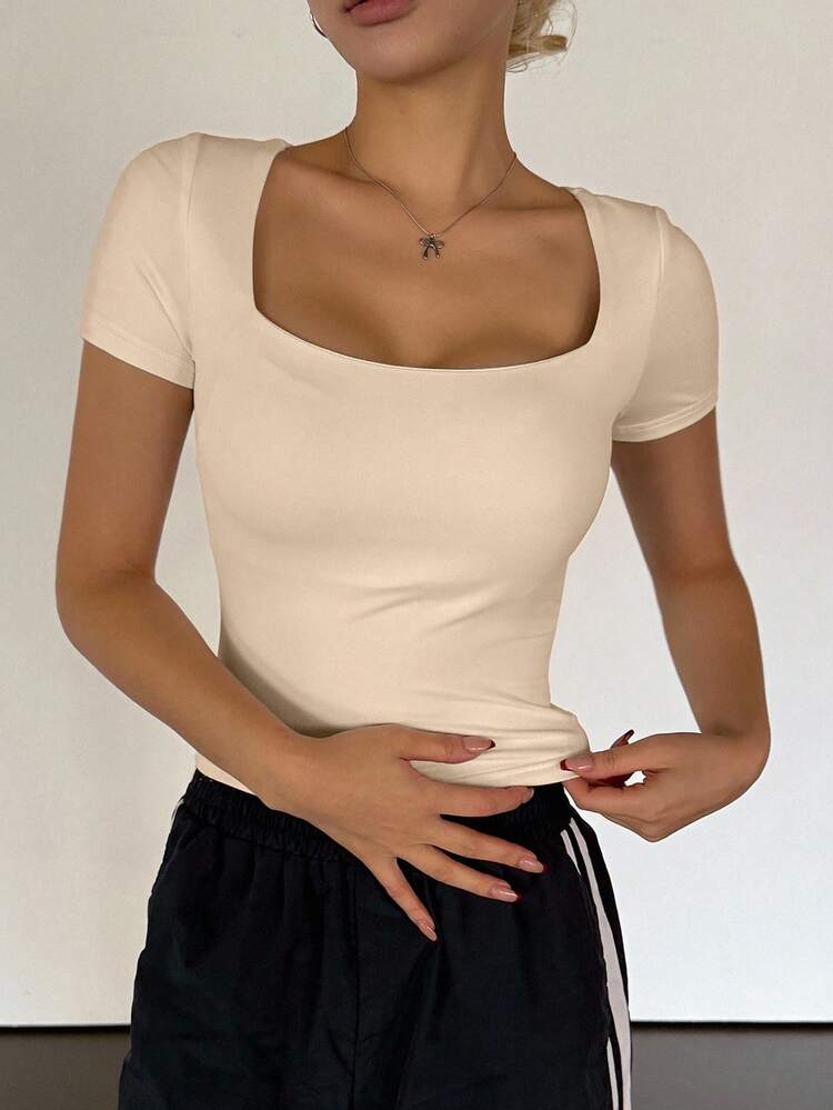 Women's Square Neck Short Sleeve Fitted T-Shirt Summer