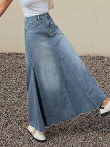 DAZY Falda vaquera elegante con dobladillo de cola de sirena y deshilachado, cintura regular, estilo Y2K para mujer - Azul lavado medio - Ver 2