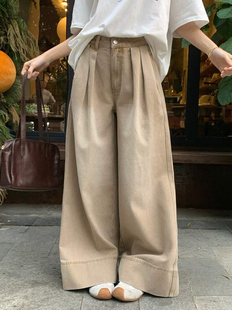 Women's Regular Waist Loose Pleated Wide Leg Jeans, Casual Washed Relaxed Fit Denim Pants