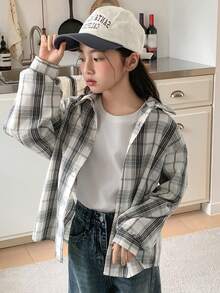 Dazy Kids 少女格子长袖单排扣休闲衬衫 - 黑與白 - 查看 3