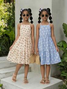 SHEIN Elladie kids 2件套 少女夏季新款露肩可调节肩带拼接蛋糕裙摆樱桃印花/蓝色格子雏菊印花可爱简约优雅休闲度假连衣裙套装 - 彩色 - 查看 3
