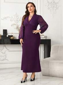 Modelyn Plus Size Women Elegant Lace Patchwork Lantern Sleeve Cross V-Neck Midi Dress, Suitable For Commuting - Purple - View 8