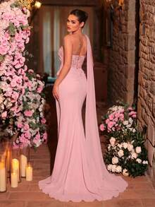 Glamrae 优雅时尚俏皮粉色露肩亮片拼接雪纺荷叶边装饰收腰修身长裙，适合多种场合，如晚礼服、网纱连衣裙、睡袍式连衣裙、单肩连衣裙等。 - 粉色 - 查看 2