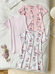 3件套 女童可爱卡通动物印花短袖中长款睡衣，春夏款 - 彩色 - 查看 2