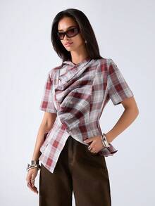 LYSMO 女士格子荷叶边休闲日常短袖衬衫 - 紅白色 - 查看 5