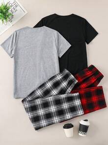 SHEIN 4 piezas Conjunto casual de camiseta de manga corta con cuello redondo y estampado de ciervos y pantalones a cuadros para adolescentes varones, conjunto básico de unicolor versátil adecuado para ir al trabajo, la escuela, uso diario casual, vacaciones, fiestas al aire libre, deportes, pijamas de otoño/invierno para adolescentes varones, conjuntos de pijama, ropa de dormir para adolescentes, pantalones de pijama a cuadros, pijamas de algodón para niños - Multicolor - Ver 3