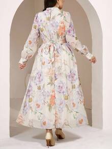 Veilorie 大码优雅印花中长连衣裙，适合通勤。 - 米色 - 查看 6