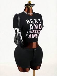 Mistrie Women's Round Neck Letter Print Casual Short Sleeve T-Shirt, Summer  Sexy Crop Top Xxs Clothes Slim Fit Fashion Casual Clubbing Streetwear Dance Party, Summer , Summer Clothes  , Summer Outfits For Women , Summer Outfits ,  Summer Outfit For Wome  Sexy Clothes ,Y2K ,Vacation Outfits Women - Multicolor - View 4