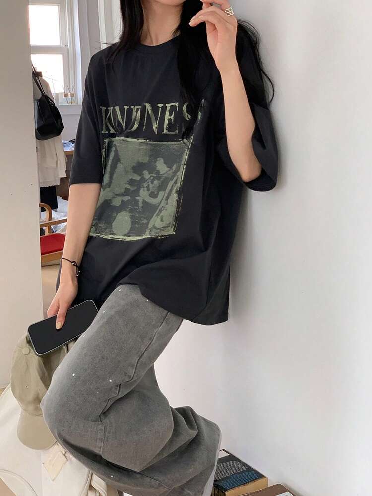 Women's Round Neck Korean Style Short Sleeve T-Shirt Oversized