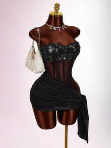 Amplova Women's Sexy Tie-Up Mini Dress, Sequins Embellished Tie-Up Wrap Hem, Suitable For Party & Nightclub - Black - View 7