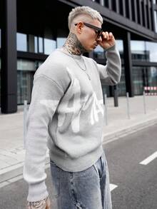 Artur Kramer 男士休闲字母图案圆领长袖针织毛衣，秋冬 - 灰色 - 查看 5