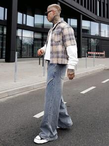 Artur Kramer 男士格子印花前开襟纽扣口袋休闲长袖衬衫 - 卡其色 - 查看 6