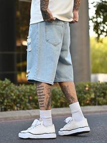 Devon Thys Quần short denim Bermuda màu xanh nhạt, kiểu dáng thời trang dành cho nam, hoàn hảo cho mùa hè thư giãn, quần short denim ống rộng rộng rãi cho bạn trai và chồng khi đi chơi - Rửa nhẹ - Xem 6