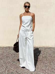 DAZY 女士条纹吊带背心和宽松褶皱阔腿裤度假风牛仔套装 - 白色 - 查看 4