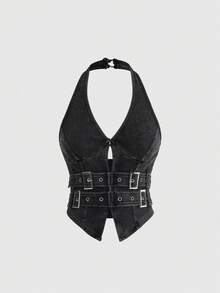 ROMWE Grunge Punk Top de cuello halter con hebilla de metal lavado vintage para festival de música - Negro - Ver 2