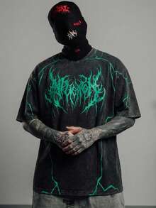 ROMWE MEN 男士休闲街头美式雪花荆棘英文印花短袖T恤 - 黑色 - 查看 2