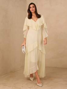 Enchnt 法式浪漫飘逸荷叶边V领收腰连衣裙 - 杏色 - 查看 5