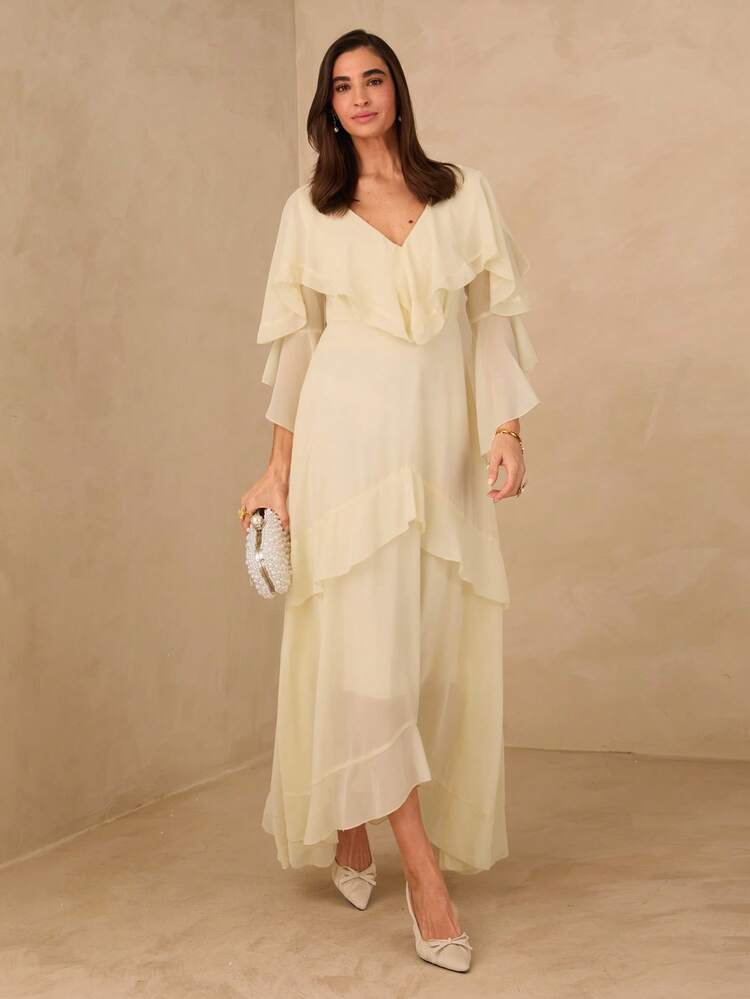 Enchnt Summer Women's A Chic And Romantic French-Style Yellow V-Neck Ruffled Dress, Bohemian Style, Mother's Day Dress, King's Day,Elegant Dresses For Women,Casual Dresses For Women,Festival Outfits For Women,Summer Holiday Outfit, , Vacation & Party Dress. - Apricot - View 3