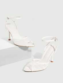 CUCCOO SZL Women Shoes Square Toe Slender Heel White Lace Mesh Ankle Strap Sexy Fashion With Skirt Banquet Party Ladies High Heel Open Toe Ladies High Heel Sandals - White - View 2