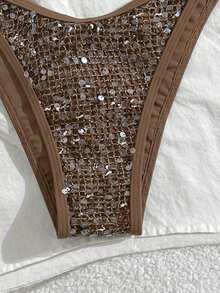 Swim SXY 2pcs Sexy Beaded Micro Bikini Top And V-Cut Hollow Out Triangular Bottoms Swimwear Set - Multicolor - View 5