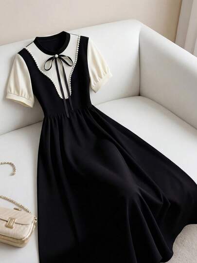 SHEIN Franclia Women's Spring/Summer New Black & Apricot Color Block Pearl Decor Collar Bow Tie Waist Flared Midi Dress, Suitable For Commute, Daily, Party, Holiday, Date