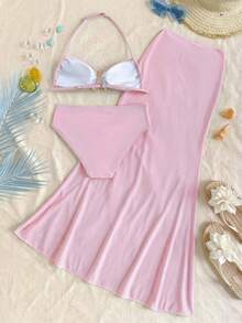 SHEIN Tween Girl Vacation 3pcs Blue Starfish Metal Button Bikini 3 Pieces Set, Beach Holiday Light Pink Two Piece Set Two Piece Bathing Suit Girls Two Piece Bathing Suit Girls Light Pink Mermaid Tail Skirt Long Skirt 2 Piece Set Pink Skirt Set - Pink - View 9