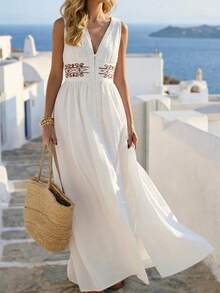 Franclia Summer Fresh White V-Neck Sleeveless Slip Dress, Embroidery Waist Pleated Loose Maxi Dress, Casual Vacation Beach Commute Date Versatile Linen Blend Dress - White - View 3