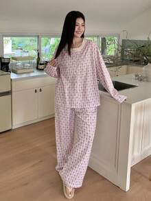 Dazy Plus Plus Size 2pcs/Set Cute Heart Floral Print Casual Contrast Lace Round Neck Loose Long Sleeve Top And Long Pants Pajama Set, Spring/Autumn - Blue - View 6