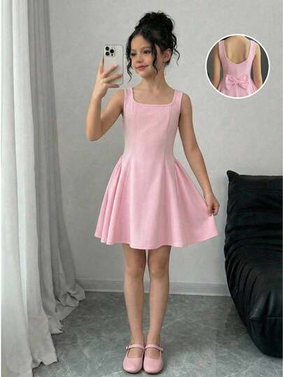 SHEIN Tween Girls' Vintage French Summer Vacation Elegant Lovely Square Neck Pink A-Line Patchwork Dress With Large Bow Back