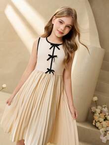 Tween Girl Butterfly Decor Pleated Hem Sleeveless Dress Girls Pleated Dress Tween Girl Church Dress Tween Neutral Dress Nude Dress For Tweens Sleeveless Dress Young Girl Teen Girl Collar Dress Collared Dress Young Girl Beige Dress For Girls Clothes For Girls 13 14 Girs Dress Cute Dresses For Girls - Beige - View 4