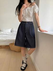 DAZY 女士纽扣腰带宽松休闲短裤 - 藍色 - 查看 6